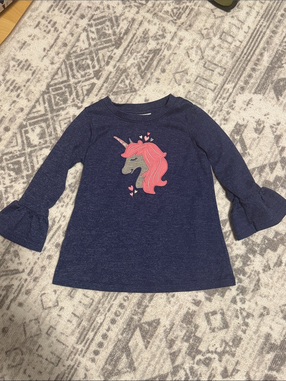 Girls Navy Unicorn 3/4 Sleeve Top with Bell Sleeves